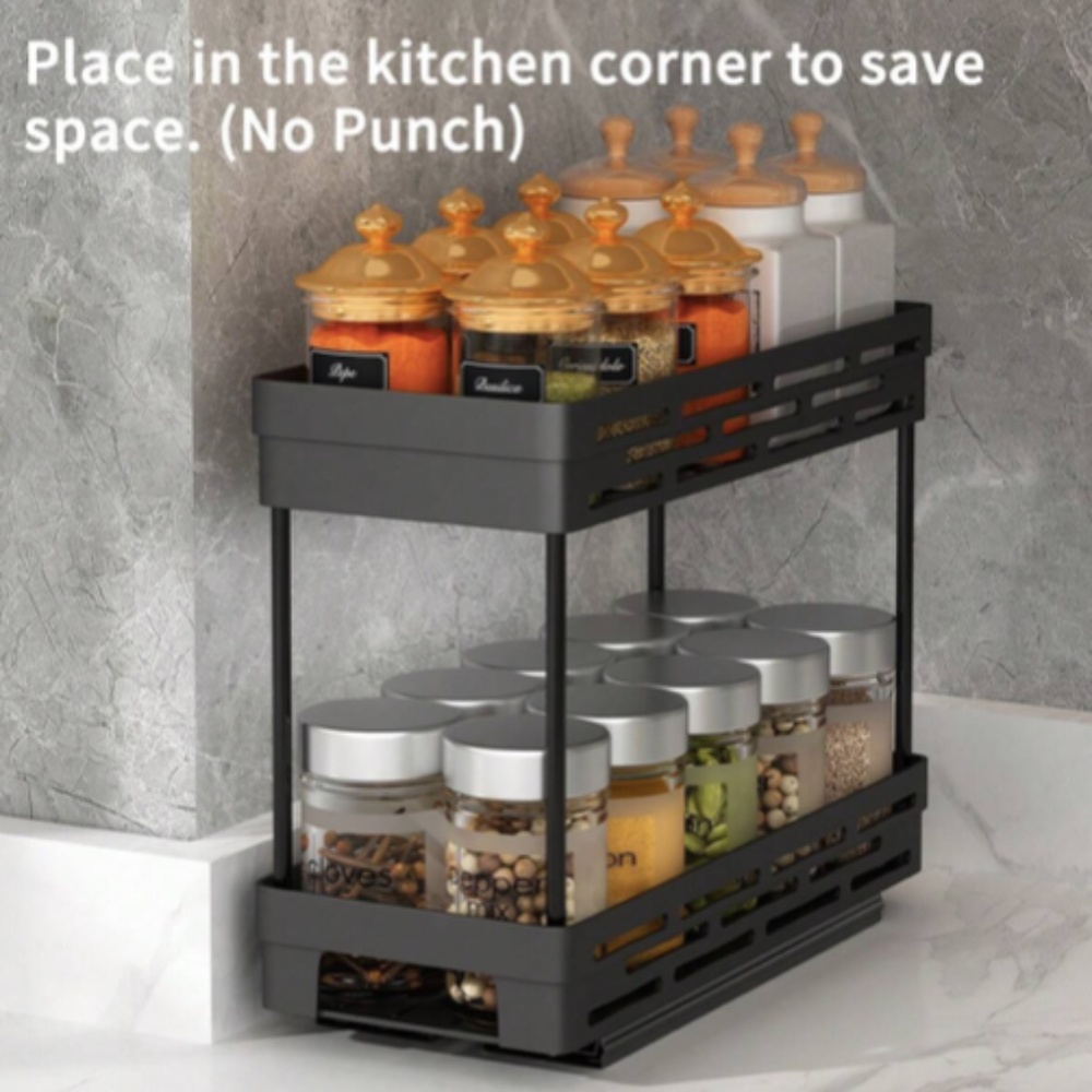 Multifunctional Pull-out Double-layer Plastic Storage Rack Kitchen Cabinet Spice - Picture 5 of 11